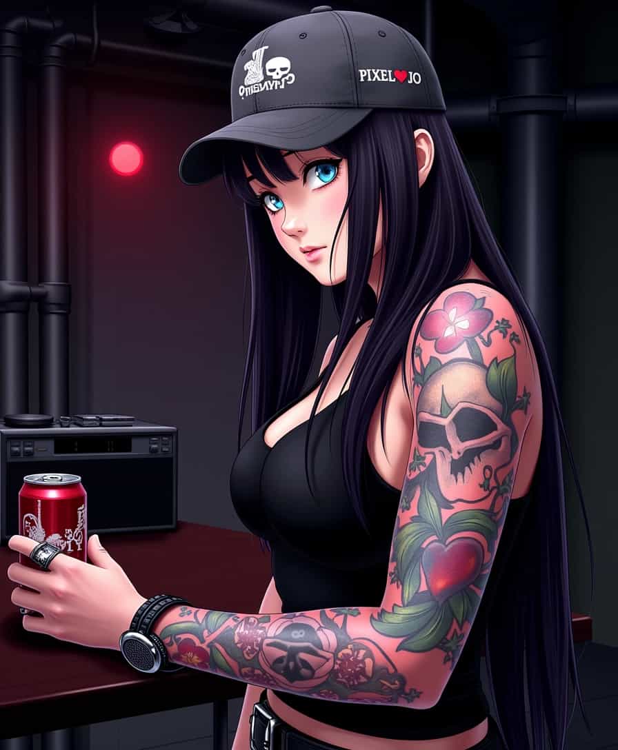This image is a digital artwork that showcases ALEMAP with a very detailed and stylized appearance. The art style is reminiscent of anime with a strong emphasis on character design and vibrant colors. The medium appears to be a digital painting, given the smooth blending of colors and the lack of texture that might be present in traditional mediums.The character is wearing a black tank top and a baseball cap with the word PIXELDOJO and a ninja on the side design on it. The cap is worn backwards, which is a common style associated with rebellious or alternative subcultures. The character has long, dark hair that falls over the shoulders and is adorned with various rings and bracelets, adding to the edgy, punk rock aesthetic.The tattooed arm is prominently displayed, with a variety of intricate designs including a skull, a bird, and what seems to be a heart with a cross. The tattoos are rendered with a high level of detail, showcasing shading and highlights that give them a three-dimensional appearance.The colors in the image are rich and varied, with a predominance of dark tones that contrast with the bright, almost neonlike colors of the tattoos and the characters eyes. The background is a dimly lit room with industrial elements, such as pipes and what appears to be a radio or stereo system. There is a red can on the table, which adds a pop of color to the otherwise dark setting.Overall, the image exudes a sense of rebellion and individuality, emphasized by the characters tattoos, pun inspired accessories, and the gritty, urban backdrop. The use of light and shadow in the digital painting adds depth and a sense of drama to the composition.
