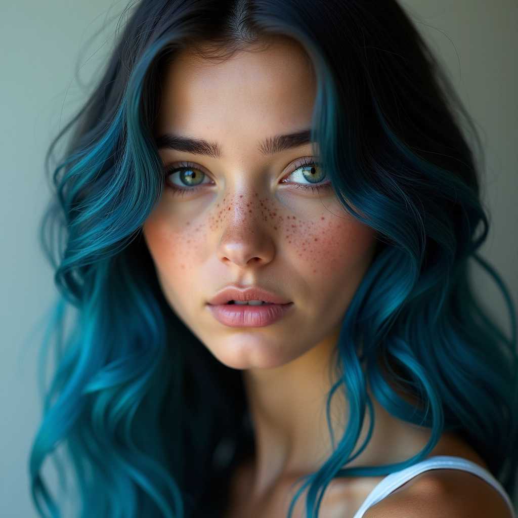 A stunning portrait of a young woman with long, wavy, blue hair cascading down her shoulders, captured with astonishing detail. Her expression is serious, with minimal makeup subtly enhancing her natural beauty. Delicate freckles are scattered across her nose and cheeks, adding an endearing charm to her features. Soft, natural lighting gently bathes her face, accentuating the fine texture of her skin and giving a warm glow that contrasts beautifully with her cool hair color. The focus is razor-sharp on her piercing eyes, making them the focal point of the image, while a shallow depth of field artfully blurs the background. The composition is classic, with the subject centered and framed tightly from the shoulders up, creating an intimate and engaging portrait. The overall tone is tranquil and introspective, capturing a moment of quiet reflection in a serene setting. The photographic style is akin to high-end fashion photography, with an emphasis on natural beauty and subtle elegance.