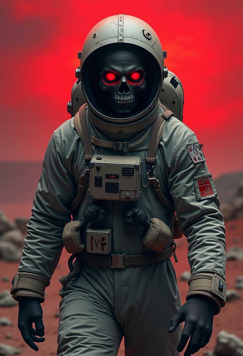 A terrifying astronaut character with a cracked helmet revealing a ghostly, hollow face shrouded in darkness. The suit is worn and tattered, with eerie, glowing eyes peering from the void within. The setting is a desolate, alien landscape under a blood-red sky, adding to the unsettling atmosphere. The astronaut's posture is menacing, as if stalking its next victim in the silence of space.