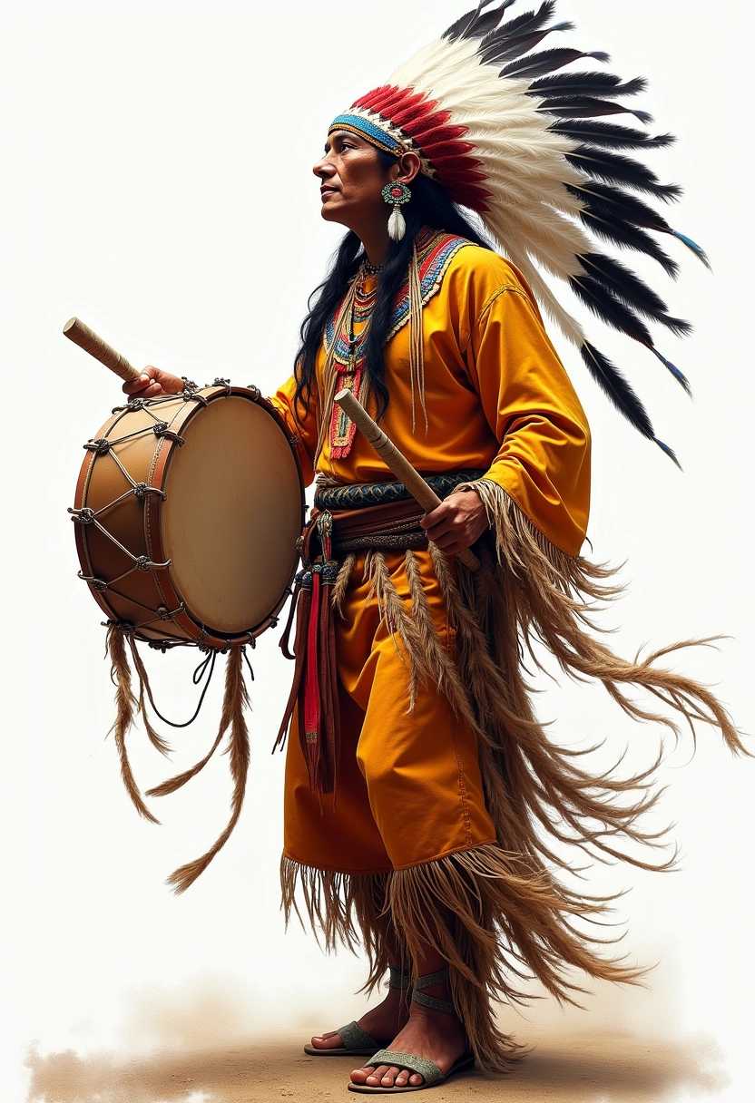dynamic air brushed full length body image of a native american man adorned with head feathers and dressed in bright colored native american clothes, dancing, with a drum in his hand, detailed, 3D style.