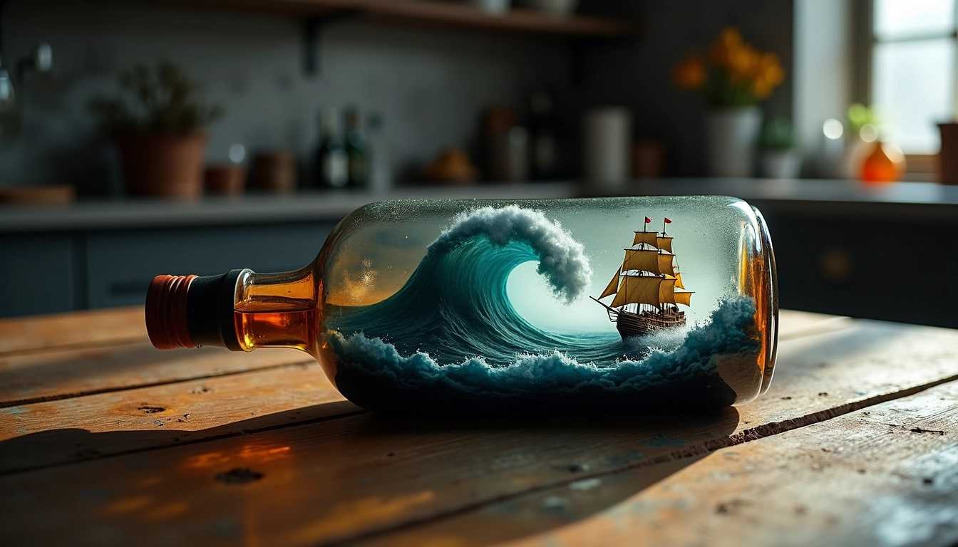 A high-resolution photo of an empty whisky bottle lying horizontally on a rustic wooden table in a dimly lit kitchen. Inside the bottle, a detailed miniature galleon embraces a colossal wave, its sails billowing dramatically as black stormy clouds loom threateningly over the turbulent sea. The scene within the bottle is captured with intricate textures and vividly contrasting colors, creating a striking juxtaposition against the dark, shadowy ambiance of the kitchen. The table's wood grain adds a tactile quality, emphasizing the scene's realism. The image employs a tilt-shift camera technique to focus sharply on the bottle and its internal scene, blurring the surrounding kitchen into a mysterious haze. This combination enhances the surreal, whimsical atmosphere, with the interplay of light and shadow adding depth and drama to the composition. The mood is tense and stormy, evoking an eerie, cinematic feel as if time stands still within the bottle.