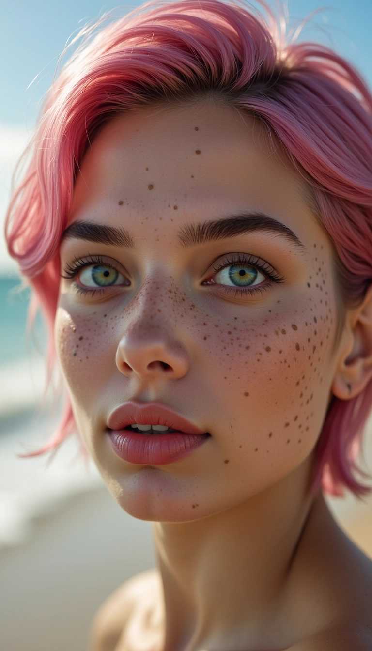 A hyper-realistic photo of a very beautiful woman with intense green eyes and short, bright pink hair, walking on the beach. Her face is adorned with freckles and a serene expression, with soft, natural-looking skin. The image is captured with a Canon R5 camera using an 85mm lens, highlighting her face with a sharp focus on the eyes and a softly blurred background (bokeh). The soft lighting emphasizes the textures of her skin and the intricate details of her face in an exquisitely realistic manner. The beach setting in the background is subtly hinted at with gentle waves and a clear sky, enhancing the tranquil mood of the scene. The overall ambiance is calm and serene, with natural daylight casting a soft glow across the image.