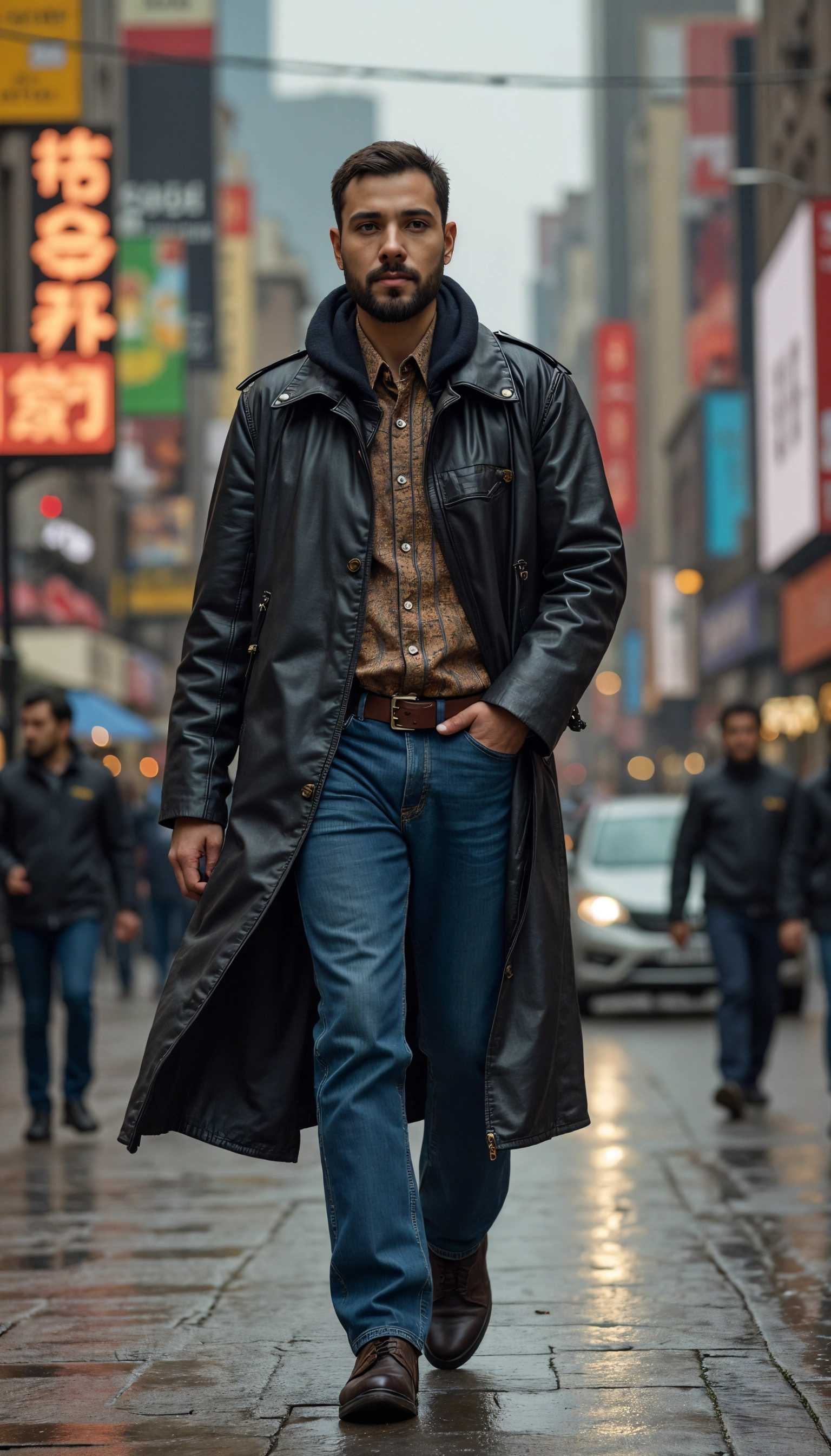 Confident strides: A man in a black leather trench coat on a bustling city street.