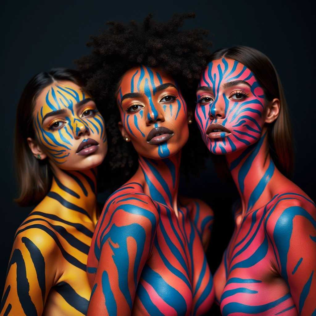  model with colorful zebra stripes painted on their bodies, professional photography with color grading, soft shadows, low contrast, and clean, sharp focus digital photography