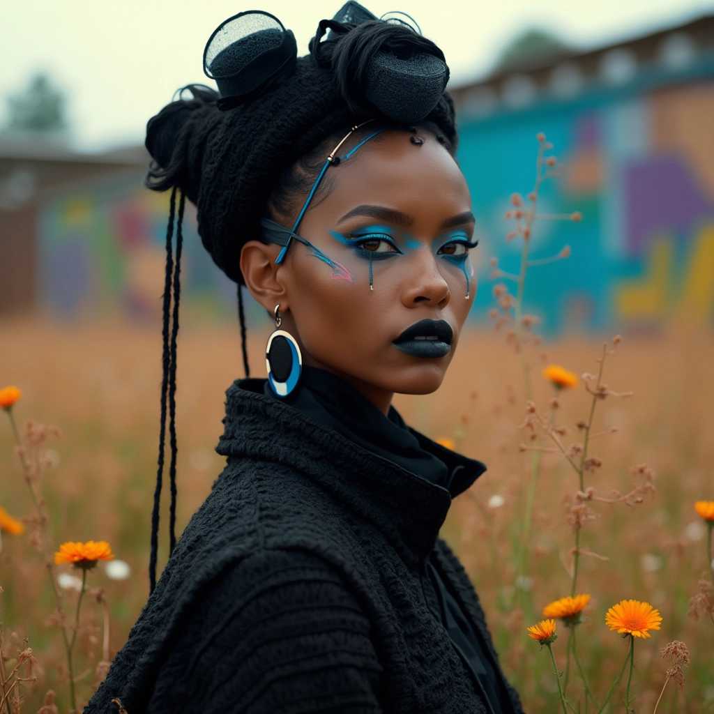 An African American Woman with a Dramatic Updo and Makeup in a Field of Flowers