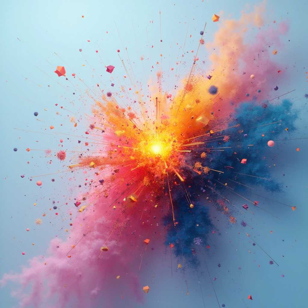 ### Vibrant Explosion of 3D Particles
A striking, dynamic scene showcasing an explosion of 3D particles, meticulously arranged in an elaborate composition. The dominant hues are midnight blue and charcoal, with sporadic bursts of bright yellow and magenta, creating a vivid contrast. The scene is minimalist yet powerful, with intricate details that highlight the textural variety and color depth. The particles seem to be caught in mid-motion, giving an impression of energetic dispersal. The background remains subtle, ensuring that the vibrant particles take center stage. The lighting subtly accentuates the colors, enhancing the overall impact. --ar 16:9 --v 6.0

### Geometric Sunrise
An abstract, geometric wallpaper capturing the serene essence of a sunrise. Angular forms in soft pink, orange, and gold hues are set against a pale sky blue background, creating a harmonious and uplifting mood. The geometric shapes are thoughtfully arranged to mimic the gradual rise of the sun, evoking a feeling of calm and gentle awakening. The pastel colors blend seamlessly, with smooth gradients adding to the ethereal quality of the composition. Subtle lighting effects enhance the color transitions, offering a sense of depth and tranquility. --ar 16:9 --v 6.0

###