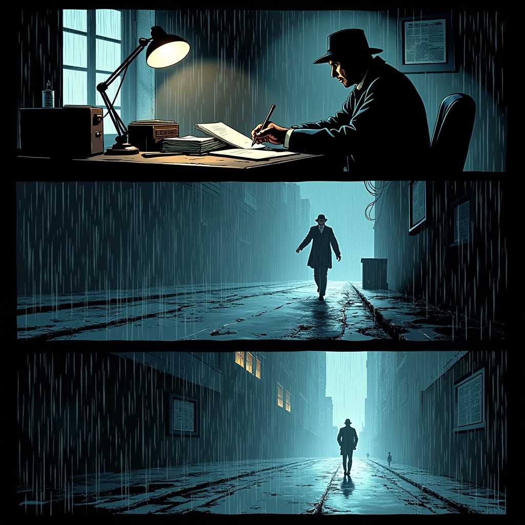 **Detective Noir: Comic Page**  
A comic page with three distinct panels. 

**Panel 1: Detective in Dimly Lit Office**  
A detective meticulously examining clues at a cluttered desk. The office is dimly lit, casting long shadows across the room. The atmosphere is filled with suspense, accentuated by the faint glow of a desk lamp. Detailed textures of old case files, scattered papers, and a magnifying glass provide an authentic feel. Noir style with high contrast shadows and dramatic lighting —ar 16:9 --v 6.0

**Panel 2: Rain-Soaked Chase**  
A tense chase scene through rain-soaked city streets. The detective splashes through puddles while pursuing a shadowy figure. The cityscape is drenched with heavy rain, creating reflections on the wet asphalt and adding a sense of urgency. The camera angle is low and dynamic, capturing the motion and chaos. Use of cool, desaturated colors to emphasize the stormy weather —ar 16:9 --v 6.0

**Panel 3: Dramatic Culprit Reveal**  
A dramatic revelation of the culprit, spotlighted in an otherwise dark room. The scene is intense, the mood electric, as the detective unve