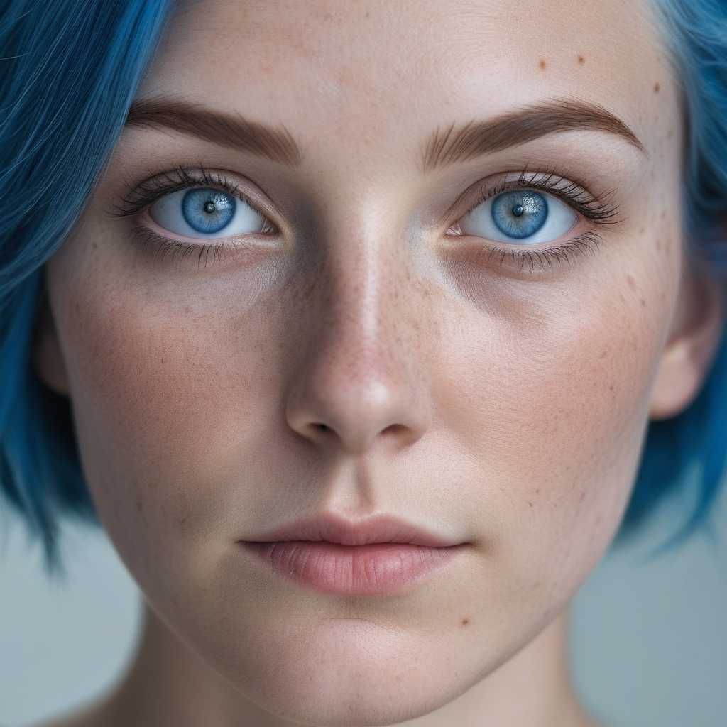 A hyper-realistic image of a very beautiful woman with intense blue eyes and short, bright blue hair. The woman has freckles on her face and a serene expression, with soft, natural-looking skin. The image should appear as if it was taken with a Canon R5 camera using an 85mm lens, highlighting the face with a sharp focus on the eyes and a softly blurred background (bokeh). The lighting should be soft, emphasizing the textures of the skin and the facial details in a very realistic way