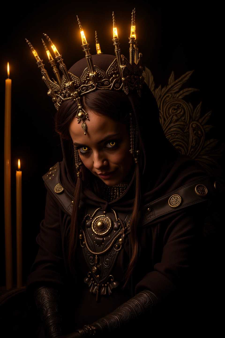 In this breathtakingly dark and enigmatic image, we behold a figure shrouded in the deepest shadows, embodying an aura of unfathomable power and ominous elegance. Chill is felt in the air from her alluring figure and confident smirk. The character, adorned in regal attire that melds with the inky blackness and coldness of the night, is crowned with a menacingly spiked, golden headdress, its jagged peaks piercing the very heavens. The crown, intricately forged with ancient symbols of authority, glows with a foreboding golden hue, hinting at the wearer’s dominion over realms untold and unseen. Beneath the crown, the figure’s face is a portrait of the young, stunning, stoic majesty, with sharp features that could be chiseled from the finest marble. The eyes, glowing with an eerie blue ice, chills with a quiet intensity, as if they could see through time itself and unravel the secrets of the universe. --ar 2:3 --personalize 7pvj2xc --v 6.1