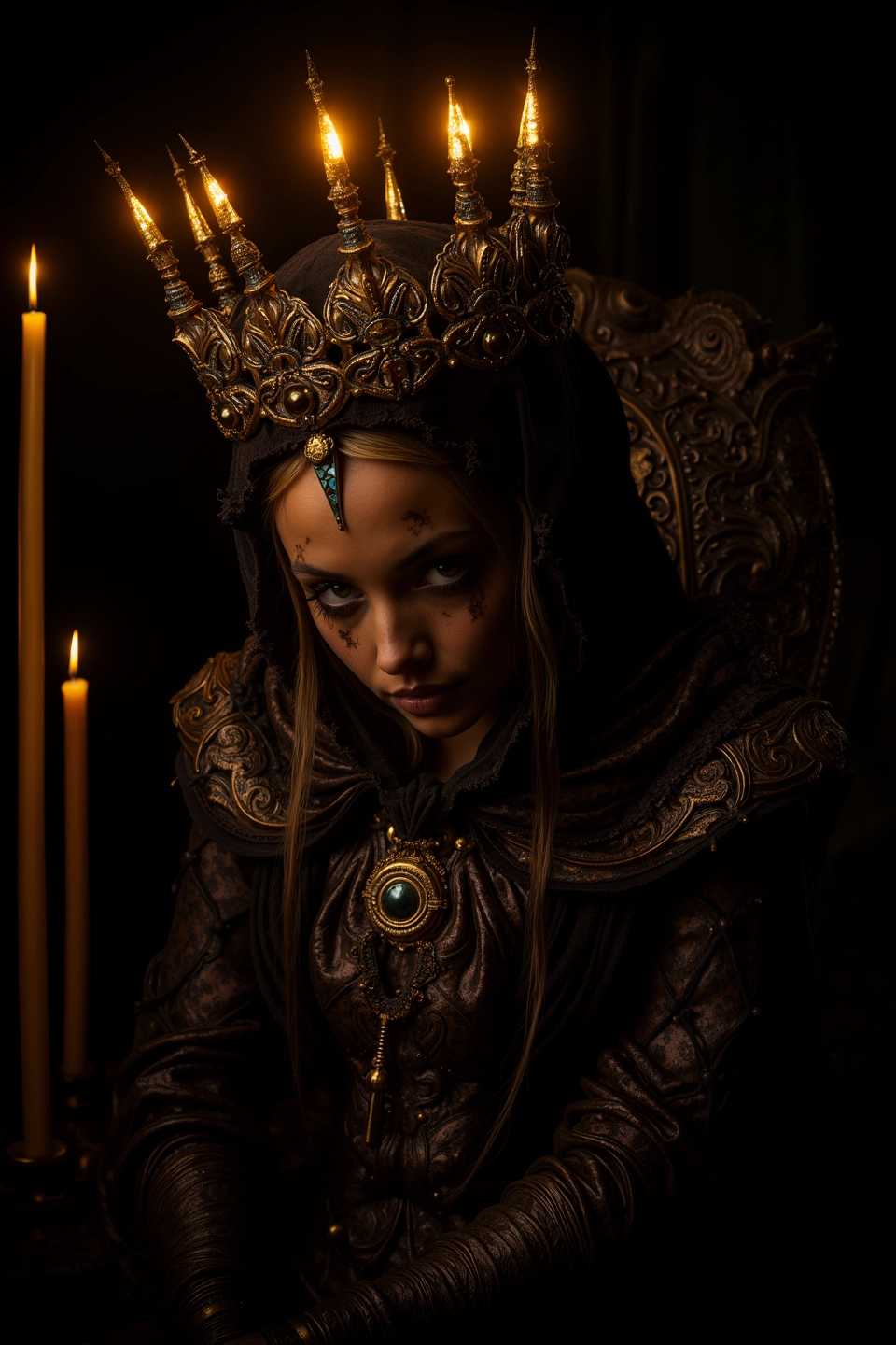 In this breathtakingly dark and enigmatic image, we behold a figure shrouded in the deepest shadows, embodying an aura of unfathomable power and ominous elegance. Chill is felt in the air from her alluring figure and confident smirk. The character, adorned in regal attire that melds with the inky blackness and coldness of the night, is crowned with a menacingly spiked, golden headdress, its jagged peaks piercing the very heavens. The crown, intricately forged with ancient symbols of authority, glows with a foreboding golden hue, hinting at the wearer’s dominion over realms untold and unseen. Beneath the crown, the figure’s face is a portrait of the young, stunning, stoic majesty, with sharp features that could be chiseled from the finest marble. The eyes, glowing with an eerie blue ice, chills with a quiet intensity, as if they could see through time itself and unravel the secrets of the universe. --ar 2:3 --personalize 7pvj2xc --v 6.1