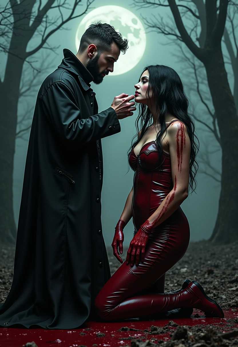 Dark, gothic-style image set in a misty forest with bare trees and a full moon in the background. The layout features two people as the central subjects. On the left, a man with short dark hair and a trimmed beard, wearing a long black coat with a high collar, stands facing a woman. The woman, on the right, has long, disheveled black hair and is kneeling, covered in blood. She is wearing a tight, red leather outfit. Both individuals have pale skin. The overall atmosphere is eerie and intense, with a strong contrast between the dark surroundings and the bright red blood.