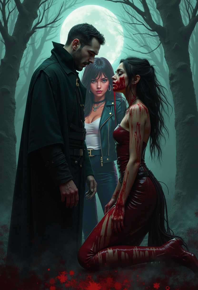 Dark, gothic-style image set in a misty forest with bare trees and a full moon in the background. The layout features two people as the central subjects. On the left, a man with short dark hair and a trimmed beard, wearing a long black coat with a high collar, stands facing a woman. The woman, on the right, has long, disheveled black hair and is kneeling, covered in blood. She is wearing a tight, red leather outfit. Both individuals have pale skin. The overall atmosphere is eerie and intense, with a strong contrast between the dark surroundings and the bright red blood.