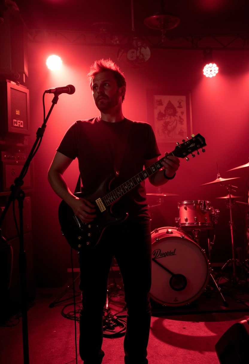 a photo of mortez standing playing guitar in a punk band. Gig is in a packed English pub at night, dramatic