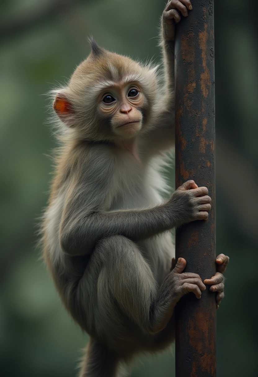 raw photo of a monkey hanging in a steel,200mm lens zoom