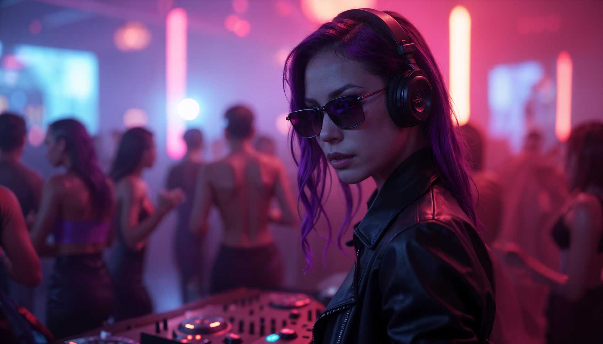 AI-generated image: photorealistic shot of female DJ in front of DJ desk in techno club, gothic young slim female DJ, bl