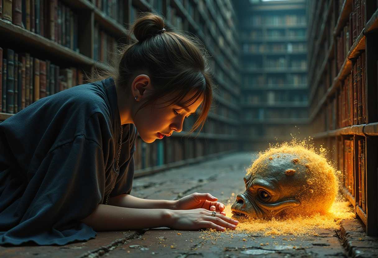 a mystical arcane library full of books:: a young summoner crying on the floor of a magical library, detailed face, sad, upset, tears:: a half disintegrated creature turning into glowing dust lay down next to a young human::1.4 a half dissolved magical creature lay on the floor::1.2 photo-realistic illustration by anja millen, atmospheric, dramatic, cinematic, ultra detailed