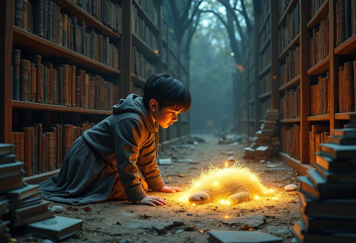 a mystical arcane library full of books:: a young summoner crying on the floor of a magical library, detailed face, sad, upset, tears:: a half disintegrated creature turning into glowing dust lay down next to a young human::1.4 a half dissolved magical creature lay on the floor::1.2 photo-realistic illustration by anja millen, atmospheric, dramatic, cinematic, ultra detailed