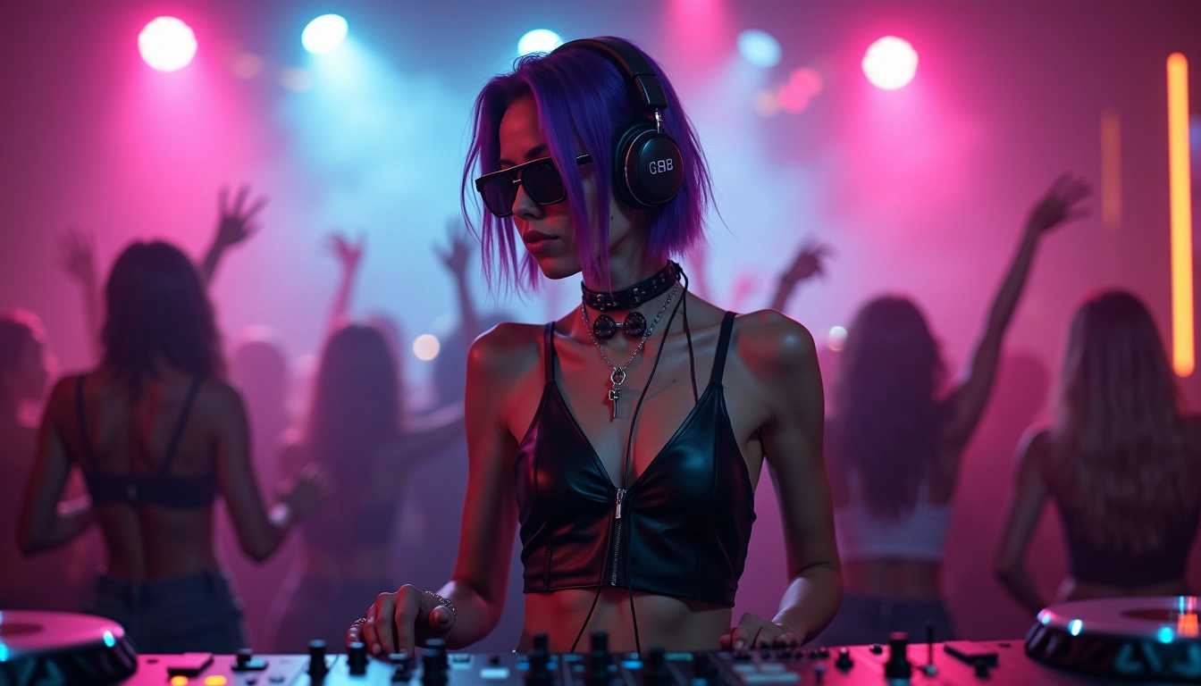 photorealistic shot of female DJ in front of DJ desk in techno club, gothic young slim female DJ, black leather gothic outfit tanktop, leather belt, belly free, tiny small breast, purple hair with undercut, wearing semi-transparent sunglasses and headphones,  high detailed skin texture, skin pores, light freckles, (body tattoos), dancing young people with hands up in background, blurred background, bokeh, neon lights, smoke over danceflore, dark scene, colorful, hyper realistic, high detailed, 8k, masterpiece, photorealistic, ultra high detail, lifelike