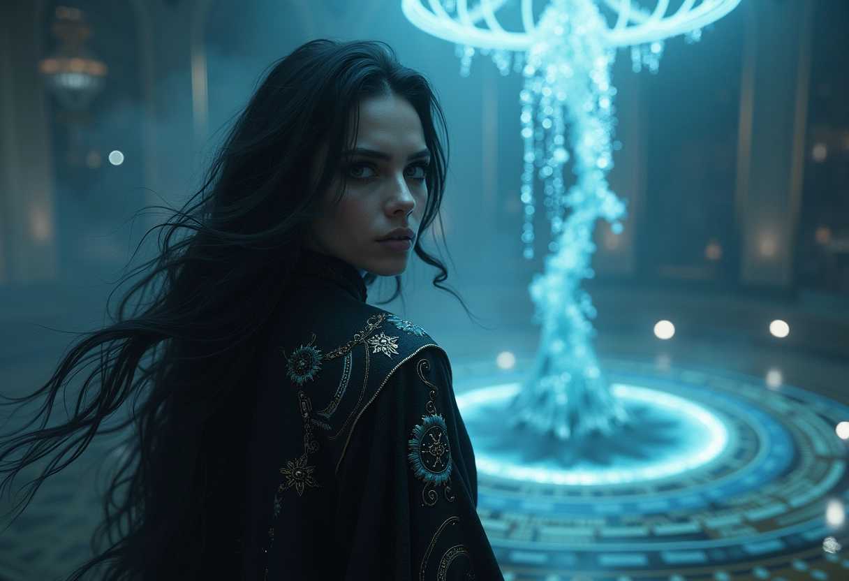 in the style of MJ. a dark sorceress, in the midst of summoning a formidable water demon. Emphasis on her beautiful, ethereal face with piercing eyes and flowing dark hair. She wears intricately designed gothic robes adorned with mystical symbols, shimmering with magical energy. The atmosphere is filled with a dense, otherworldly mist, illuminated by the eerie glow of her summoning circle. The water demon emerging from a swirling vortex, its fluid form dripping with sparkling droplets, suggesting movement and power. Hyper-realistic textures and details on both MJ and the demon, with sharp focus revealing every fine line and wrinkle. Octane render brings stunning clarity, highlighting the intricate patterns on her robes and the rippling, almost translucent skin of the demon. The scene is set at twilight, with deep shadows contrasting against the luminous spells, creating an intense and dramatic mood. Overall, a visually arresting composition that combines dark magic with gothic elegance, captured in ultra-detailed, hyper-realistic fashion.