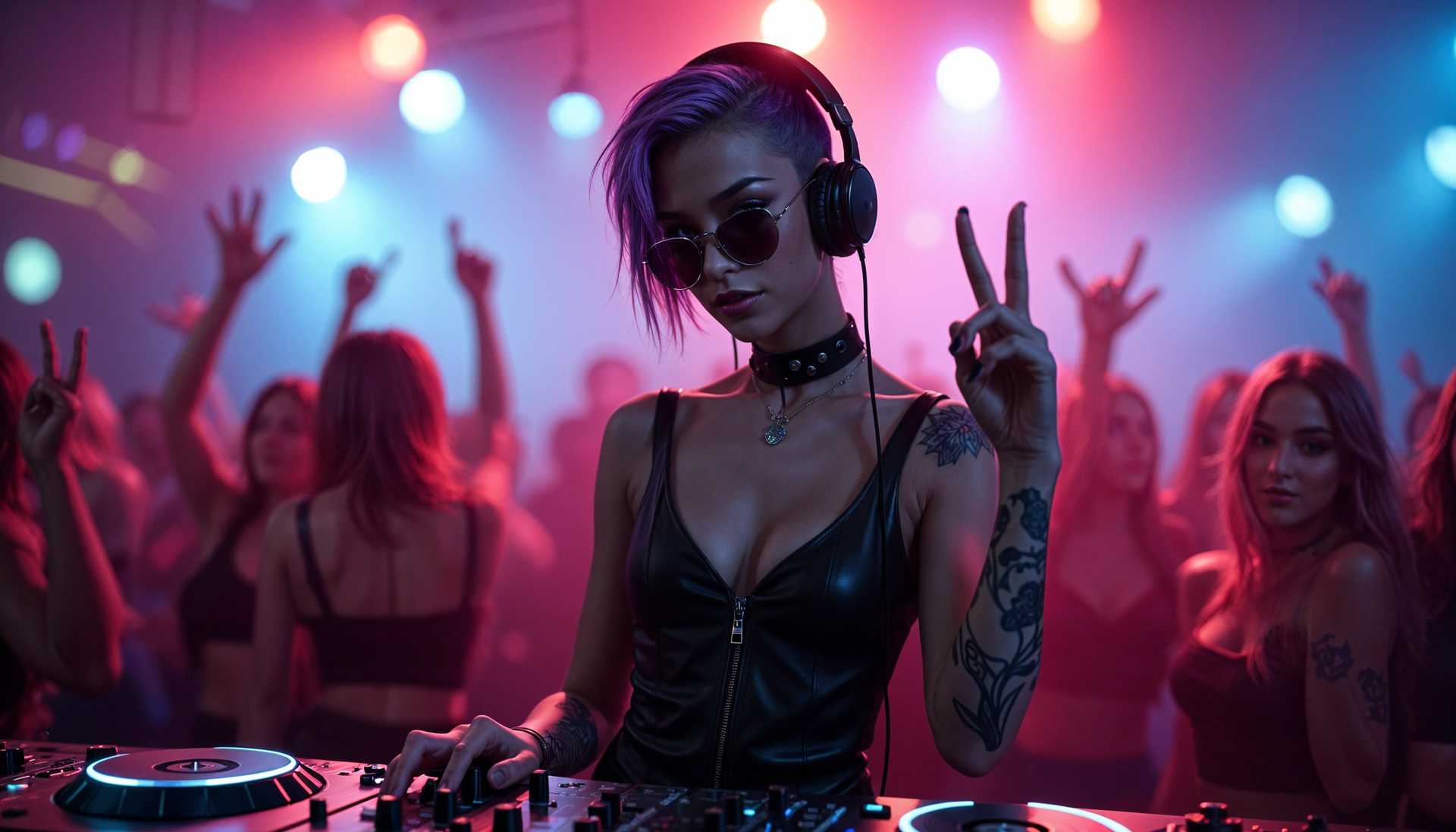 AI-generated image: photorealistic shot of female DJ in front of DJ desk in techno club, gothic young slim  female DJ on