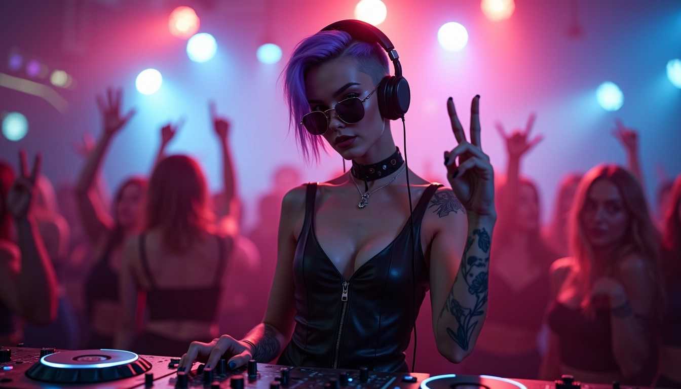 photorealistic shot of female DJ in front of DJ desk in techno club, gothic young slim  female DJ one hand up, black leather gothic outfit tanktop, leather belt, belly free, tiny small breast, purple hair with undercut, wearing semi-transparent sunglasses and headphones,  high detailed skin texture, skin pores, light freckles, (body tattoos), dancing young people with hands up in background, blurred background, bokeh, neon lights, smoke over danceflore, dark scene, colorful, hyper realistic, high detailed, 8k, masterpiece, , best quality, highres, sharp image, more detail <lora:more_details:0.5> <lora:SDXLrender_v2.0:1>