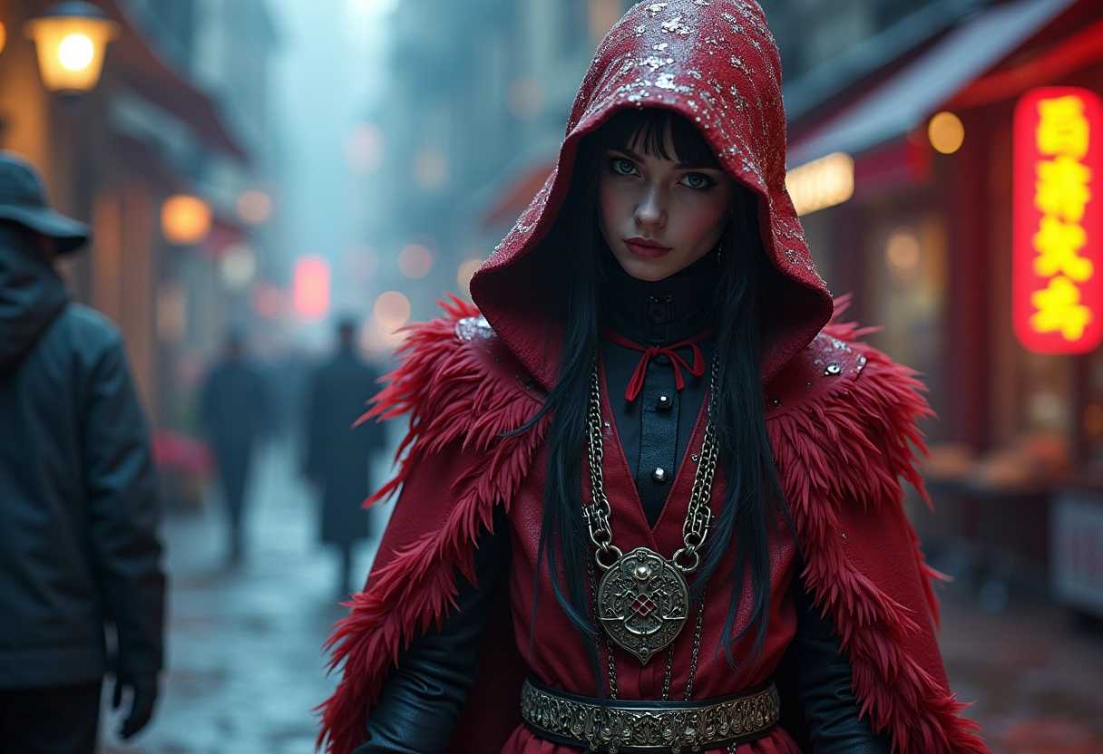 DSLR photograph, Character design, punk arcanist, looking off camera, feathered robe, old street, magic-punk, magic, hyper detailed, rim lighting, ultra detailed, colourful