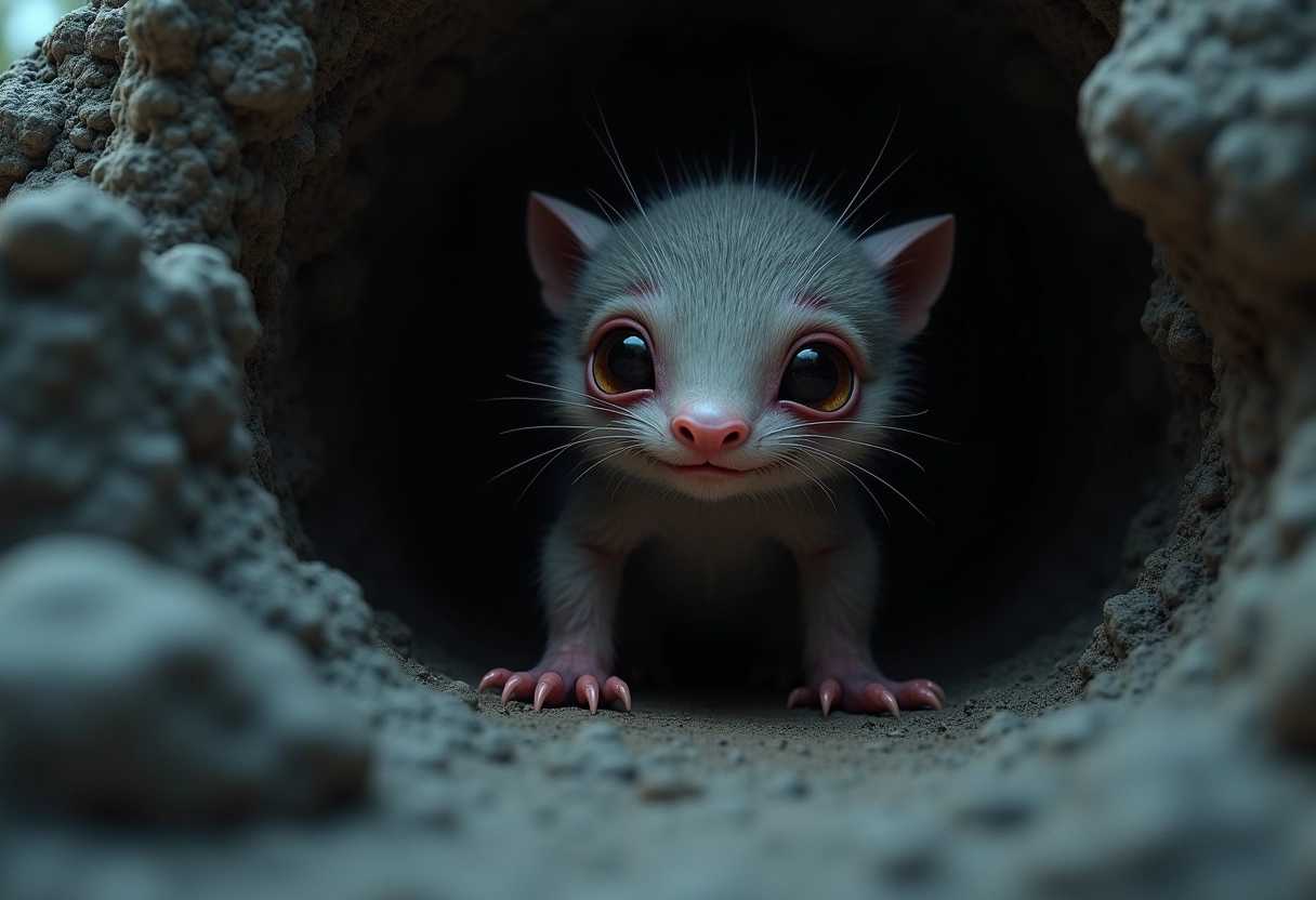 MJ, curious small furry creature poking it's head out from behind a rock, small clawed limbs, Large bright eyes, rocky cave, horror, dark, eerie, CGI, 8k, horror lighting
