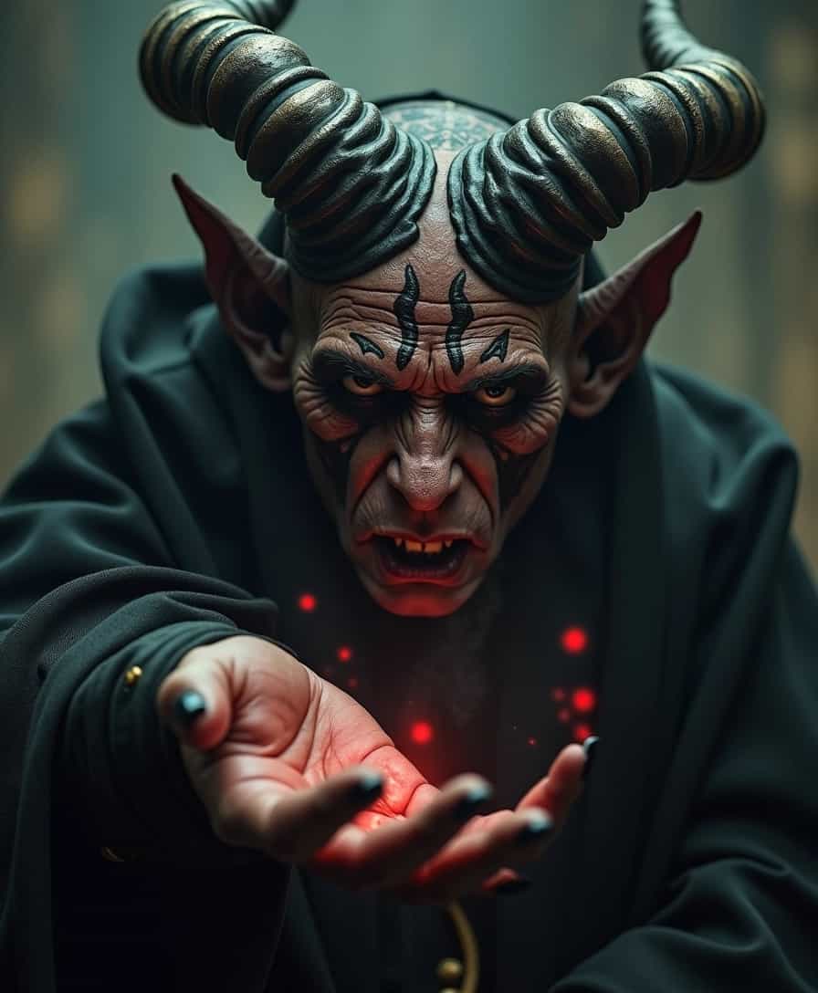 In the style of Mj. A photograph by Annie Leibovitz, movie still, a warlock enslaving a demon to gain power, magic, arcane, occult, sharp focus, intricate details