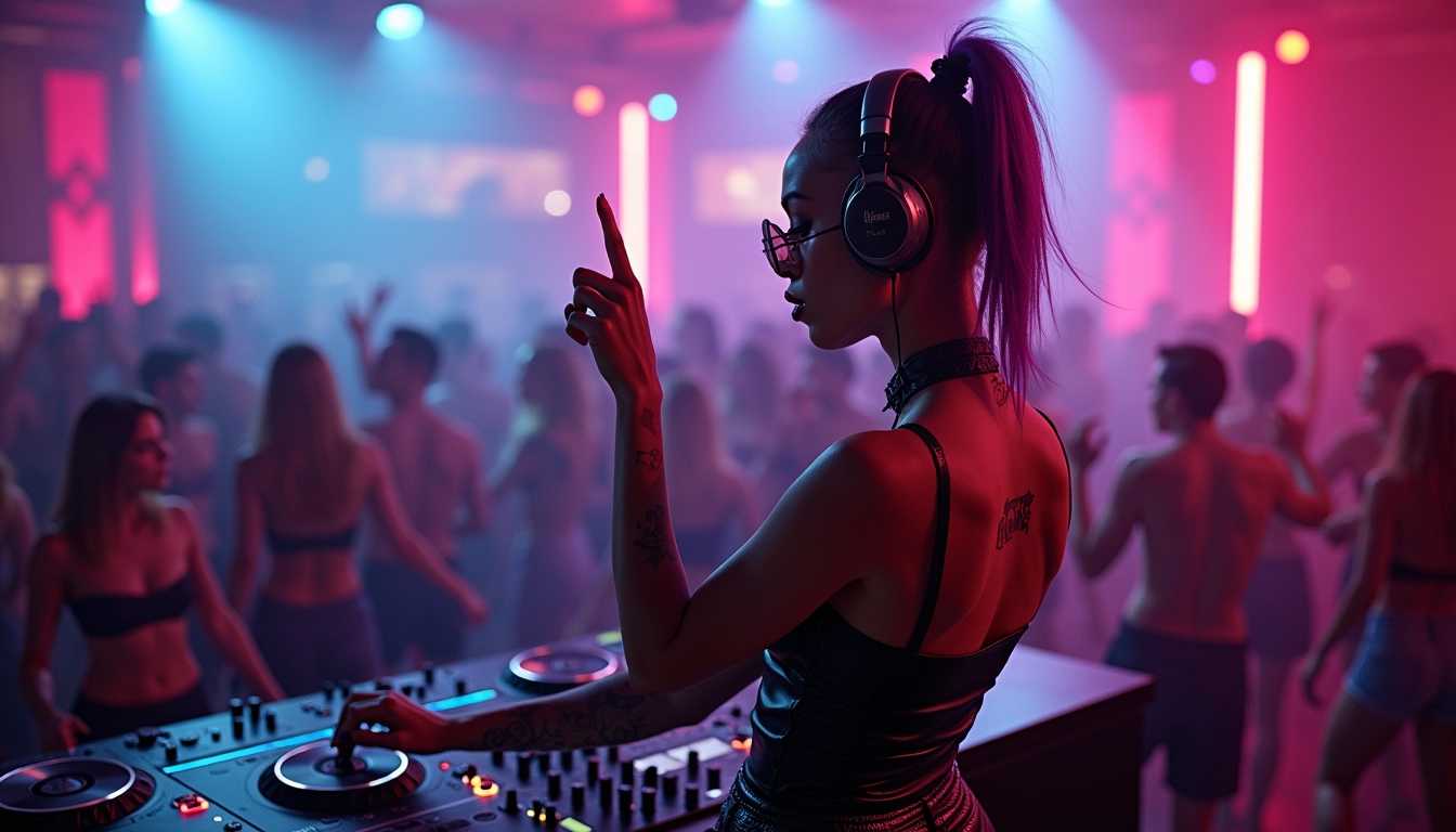 photorealistic shot of female DJ in front of DJ desk in techno club, gothic young slim  female DJ one hand up, black leather gothic outfit tanktop, leather belt, belly free, tiny small breast, purple hair with undercut, wearing semi-transparent sunglasses and headphones,  high detailed skin texture, skin pores, light freckles, (body tattoos), dancing young people with hands up in background, blurred background, bokeh, neon lights, smoke over danceflore, dark scene, colorful, hyper realistic, high detailed, 8k, masterpiece, , best quality, highres, sharp image, more detail <lora:more_details:0.5> <lora:SDXLrender_v2.0:1>