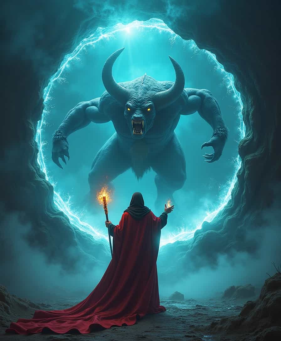 In the style of Mj. photograph by Felicia Simion of a powerful sorcerer creating a portal with a powerful magical ritual, holding a glowing magical staff, wearing fantastical magic robes::1.2 A monstrous beast climbing through a portal