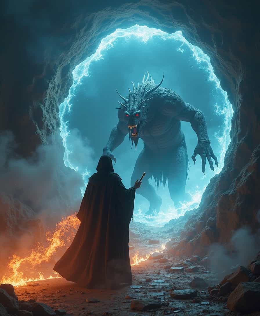 In the style of Mj. photograph by Felicia Simion of a powerful sorcerer creating a portal with a powerful magical ritual, holding a glowing magical staff, wearing fantastical magic robes::1.2 A monstrous beast climbing through a portal