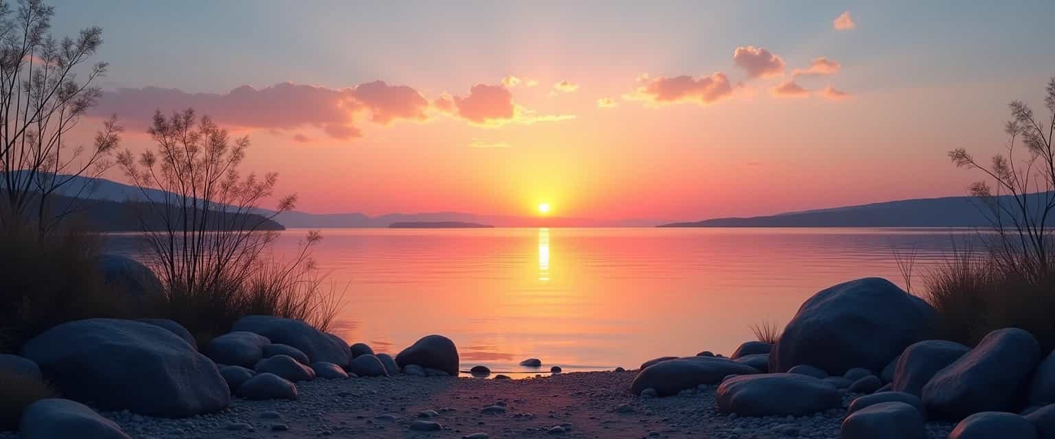 This HD photo captures a serene sunset over a calm lake or bay. Fiery orange blends into soft pink and gentle blue in the clear sky. The sun's reflection shimmers on the water's surface, casting a warm glow. Silhouetted plants sway in the breeze against the smooth water. Dark, jagged rocks line the shore, grounding the scene. The realistic style emphasizes vibrant colors and detailed natural beauty, inviting viewers to pause and enjoy nature's tranquility at dusk.