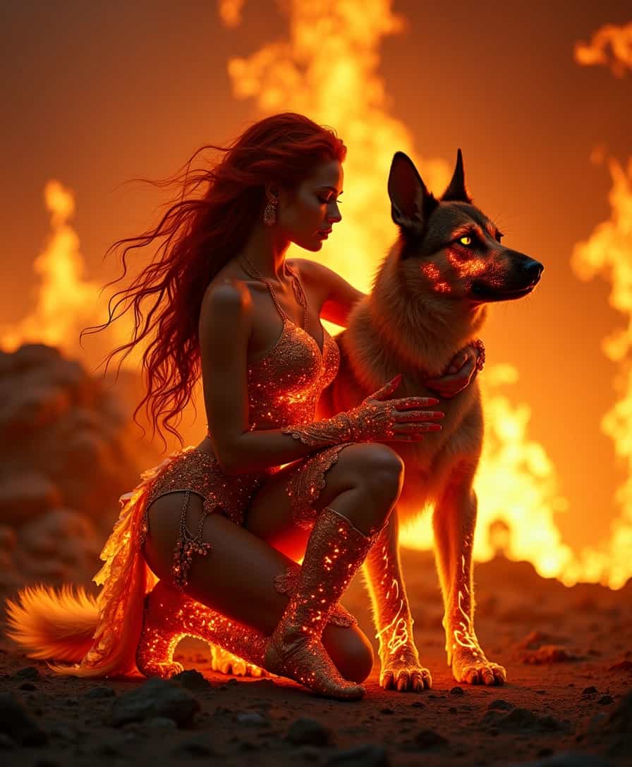 In the style of MJ. Captured with a Canon EOS R6 mirrorless camera and a RF 28-70mm f/2L USM lens, known for exceptional sharpness and vibrant color rendering, this astonishing and intricately detailed photograph showcases a mesmerizing fire demoness in the depths of hell, kneeling powerfully alongside her loyal and fearsome hellhound. The demoness, adorned in captivating flame-like armor, exudes beauty and danger, her fiery red hair cascading down her back. The mighty hellhound, a creature of nightmares with smoldering fur and glowing eyes, stands alert and ready by her side, their unbreakable bond apparent. The camera settings are carefully chosen to convey the dramatic atmosphere: an aperture of f/3.5 to ensure a balanced depth of field, an ISO of 800 to capture the rich contrast and vivid colors, and a shutter speed of 1/250 sec to freeze the flickering flames and smoldering embers in mid-air. The composition is further enhanced by the fierce, otherworldly glow of the hellish landscape, casting a powerful, warm light on the demoness and her hellhound, illuminating their fierce forms and evoking a sense of awe and reverence.