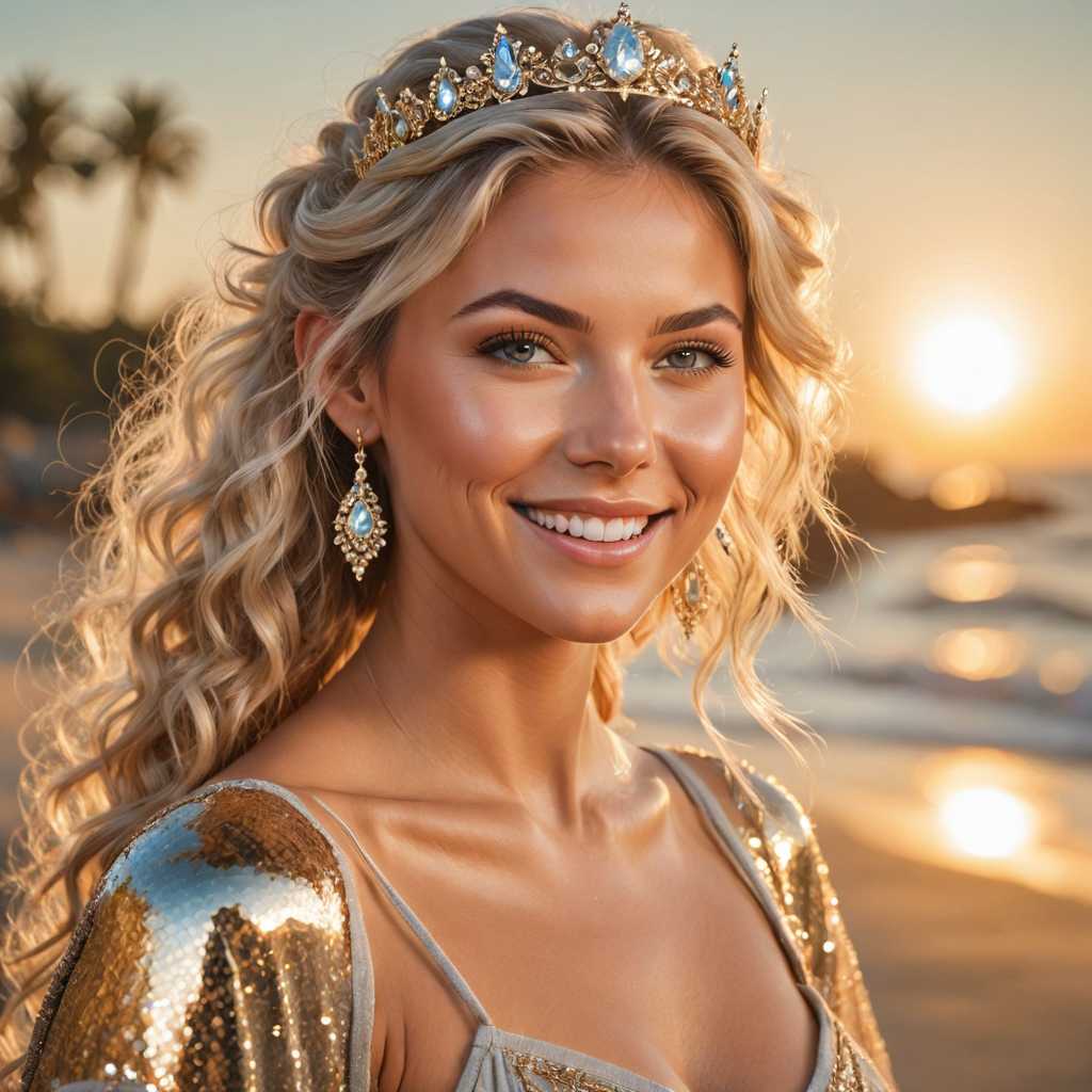 a photo of princess, beach, golden hour