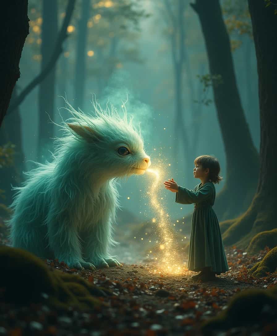 A young Mage reaching out to a magical creature in a mystical forest, captured in a high-resolution photograph taken with a Nikon D850::1.5 a magical creature in the midst of an ethereal transformation, its delicate features dissolving gracefully into a cloud of incandescent dust. As the creature's once bright eyes flickered and limbs disintegrated, a mesmerising dance of shimmering particles emerged, enveloping the being in a soft, otherworldly glow::1.5 GFP dust flowing from a disintegrating magical creature towards a young Mage