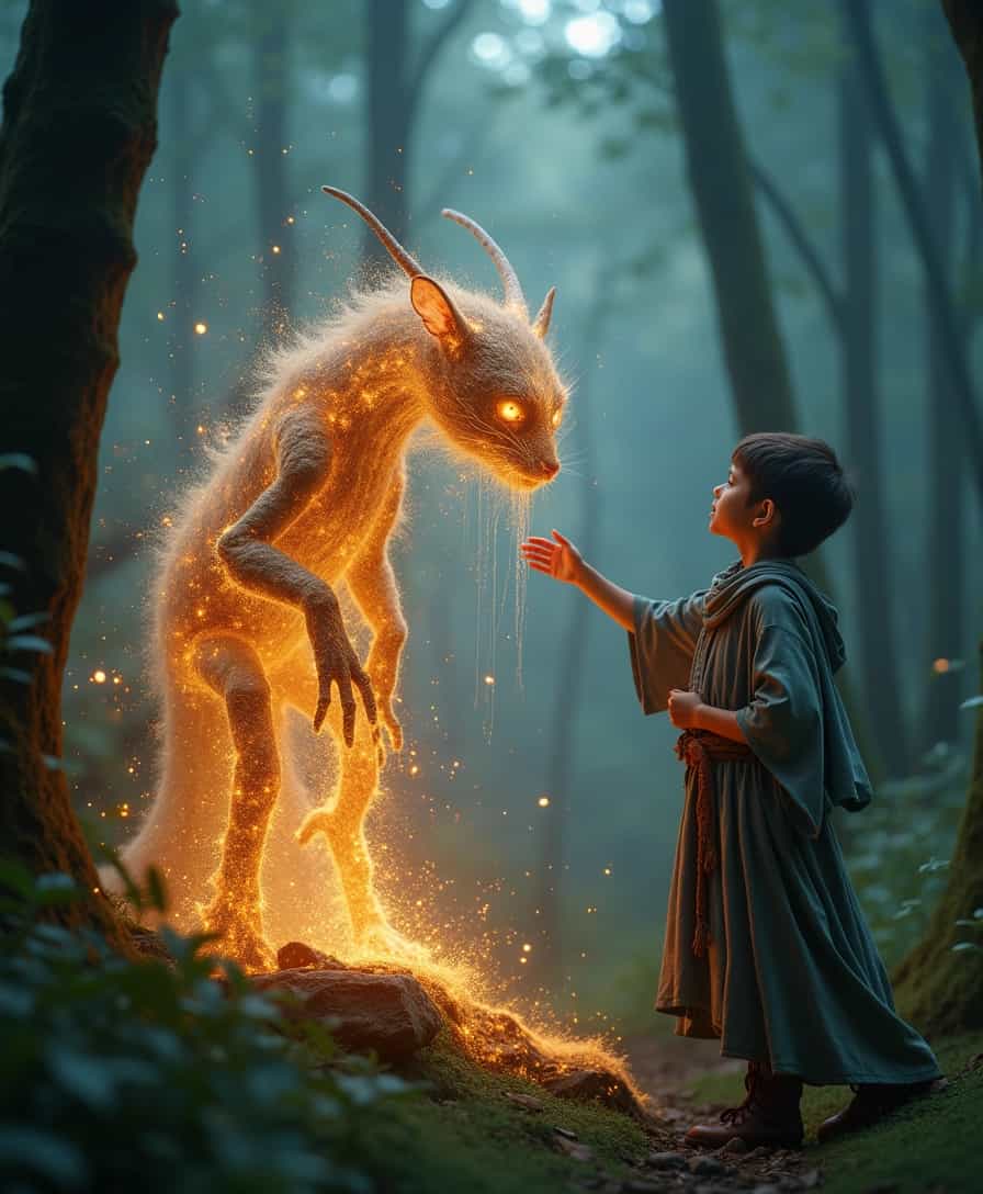 A Mage reaching out to a magical creature in a mystical forest, captured in a high-resolution photograph taken with a Nikon D850::1.5 a magical creature in the midst of an ethereal transformation, its delicate features dissolving gracefully into a cloud of incandescent dust. As the creature's once bright eyes flickered and limbs disintegrated, a mesmerising dance of shimmering particles emerged, enveloping the being in a soft, otherworldly glow::1.5 GFP dust flowing from a disintegrating magical creature towards a young Mage