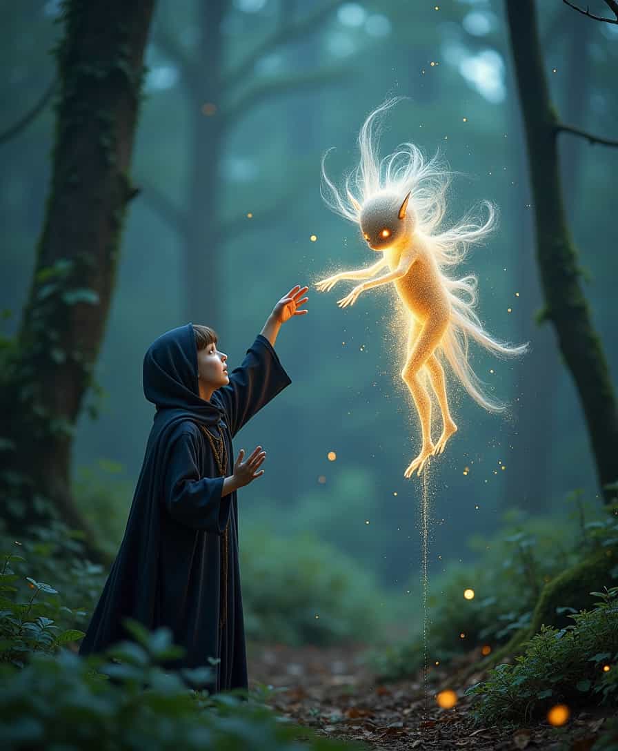 A Mage reaching out to a magical creature in a mystical forest, captured in a high-resolution photograph taken with a Nikon D850::1.5 a magical creature in the midst of an ethereal transformation, its delicate features dissolving gracefully into a cloud of incandescent dust. As the creature's once bright eyes flickered and limbs disintegrated, a mesmerising dance of shimmering particles emerged, enveloping the being in a soft, otherworldly glow::1.5 GFP dust flowing from a disintegrating magical creature towards a young Mage