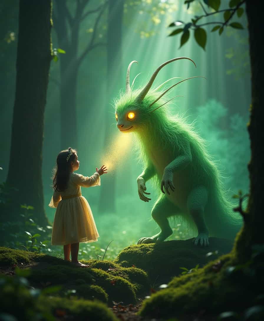 A Mage reaching out to a magical creature in a mystical forest, captured in a high-resolution photograph taken with a Nikon D850::1.5 a magical creature in the midst of an ethereal transformation, its delicate features dissolving gracefully into a cloud of incandescent dust. As the creature's once bright eyes flickered and limbs disintegrated, a mesmerising dance of shimmering particles emerged, enveloping the being in a soft, otherworldly green glow::1.5 GFP dust flowing from a disintegrating magical creature towards a young Mage