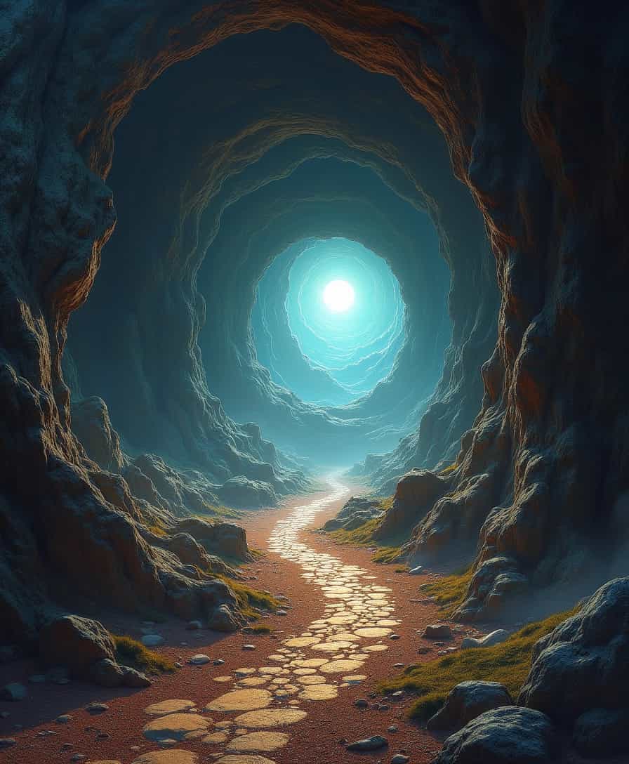 at the centre of a swriling vortex is a gateway to another world, in the style of DnD and square enix, stark visuals, kodak ultramax, highly ornamented, sharp focus, intricate details