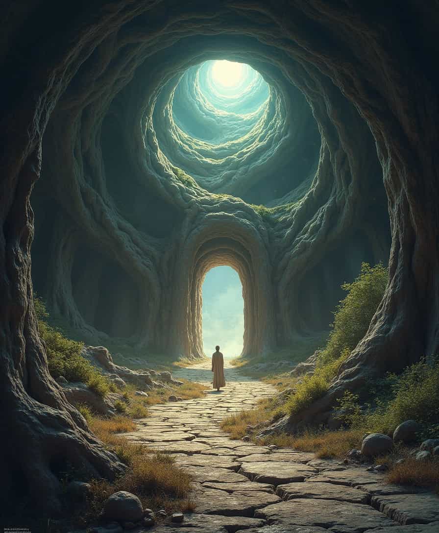 at the centre of a swriling vortex is a gateway to another world, in the style of DnD and square enix, stark visuals, kodak ultramax, highly ornamented, sharp focus, intricate details
