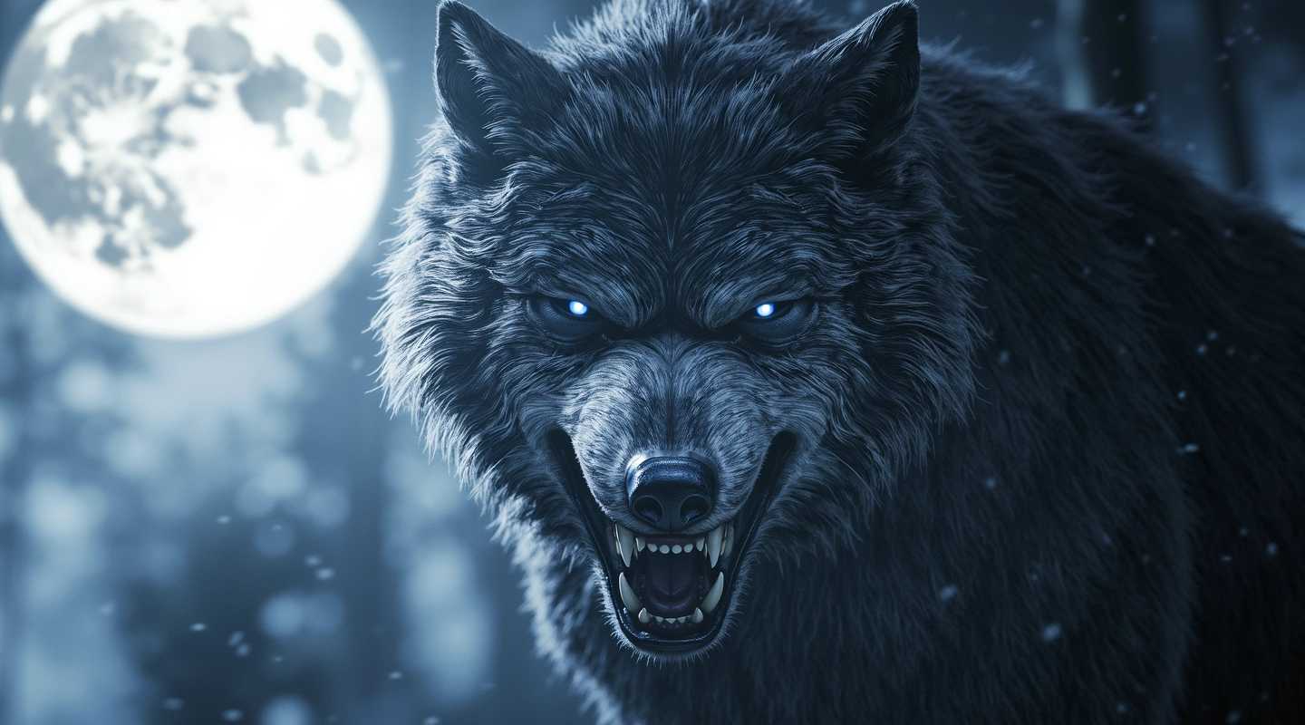 photorealistic cinematic shot of huge humanlike fantasy werewolf standing in dark forrest, very huge fangs, open mouth, full moon shining through the trees, nightly dark scene, dusty atmosphere, bokeh, high detailed, 8k, film grain, photorealistic, ultra high detail, lifelike