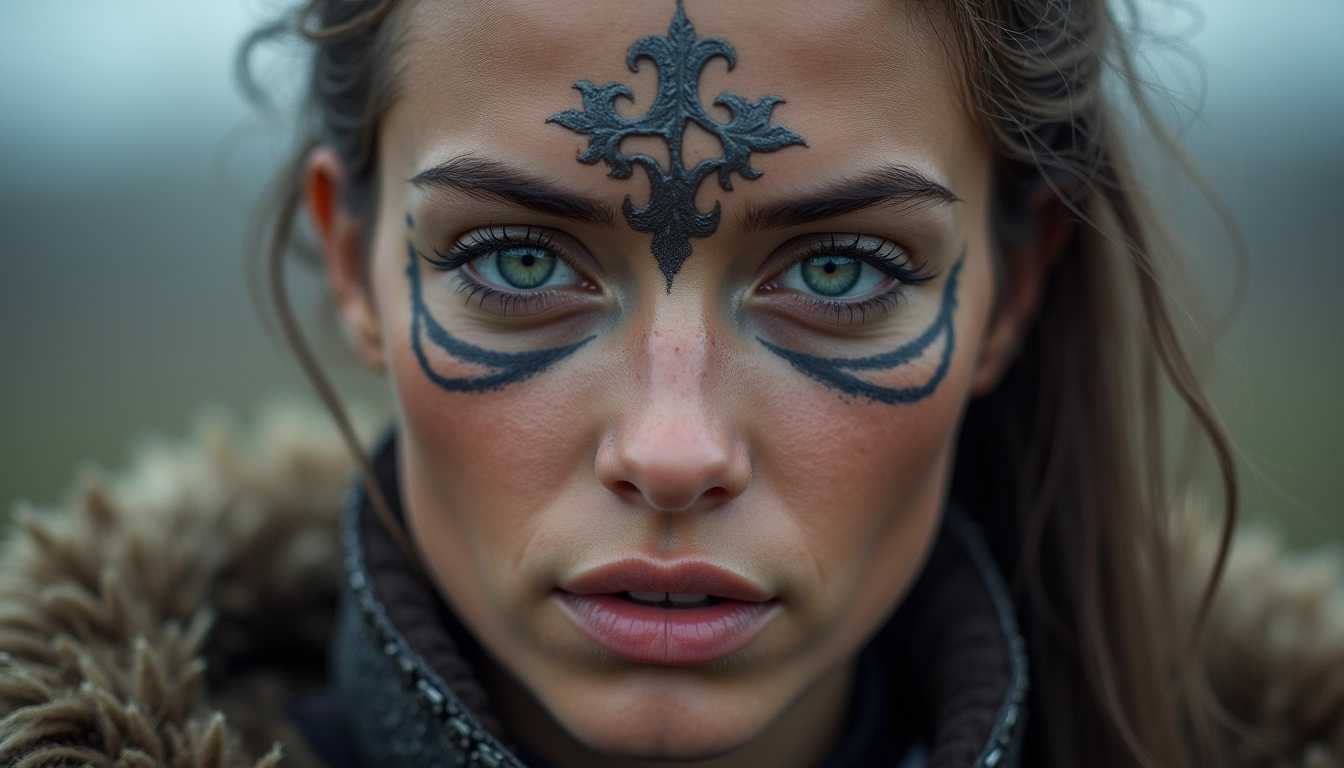 intrinsic detailed realistic portrait of a female viking warrior, with viking warrior face painting, steel grey-blue eyes, high detailed eyes, detailed natural skin texture, slightly open mouth with detailed perfect teeth, outdoor, bokeh