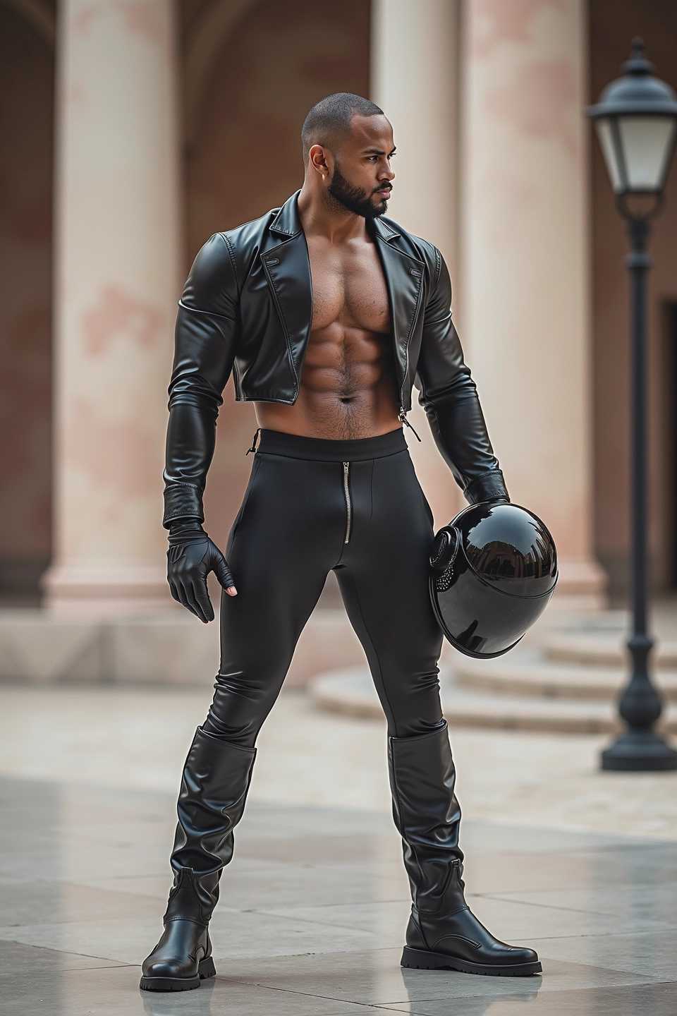1man, black pants, gloves, pants, black leather gloves, tight black clothes, black opened leather blazer jacket, male focus, (black opened satin tuxedo suit blazer jacket, tight shirt, standing, muscular male, muscular, huge biceps, bara, black leather gloves, black satin tuxedo pants, black men leather shoes:1.8), black leather blazer jacket, tight black latex shirt, tight pants, standing up, flexing, taut black clothes, boots, large pectorals, large biceps, black opened leather blazer jacket, taut black latex shirt, black footwear, (sleek black Daft Punk motorcycle helmet, completely covers mouth:1.7), tropical beach