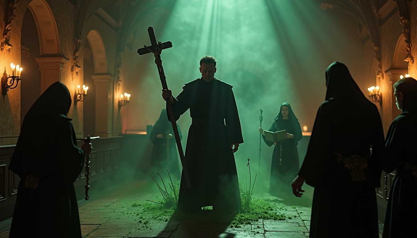 masterpiece, best quality, highres, sharp image, more detail <lora:more_details:0.5> <lora:SDXLrender_v2.0:1> (1 Catholic priest, determined look),(2 scared munks), (1 little boy possessed), head twists, green vomit, flying objects, horror, metallic colors, reflections,  fear, struggle, crucifix, holy water, Bible, candles, dim, light, paranormal, chanting, prayer, rosary, incense, trembling, shadows, shaking bed, sacred, relics, terror, spectral devil,  chanting, screaming, (1 Catholic old priest exorcist),  photoplasma, angel wings,  exorcism, crucifix, holy, water, Bible, candles, dim, light, chanting, prayer, rosary, incense, trembling, whispers, shadows, sacred, relics,  terror, flying objects, crucifix, holy water, Bible, rosary,  relics, spectral ghosts, steampunk, Lucifer,  Freemasonry, Hamsa Hand, Horus, Eye of Ra, gothic, religious imagery, disfigured, supernatural, Ornate details, dark color palettes, dramatic lighting, Dream-like scenes disturbing, nightmarish elements, haunted, eerie, spectral-horror, bloodcurdling, terrifying, monstrous, eldritch, uncanny, supernatural, otherworldly, chilling, disturbing, spooky, horror-movie, fear, dread, spine-chilling, surreal, bizarre, twisted, horror-art, transformation, metamorphosis, strange, weird, disturbing-images, horror-scenes, psychological-horror, creepy-creatures, spectral-forms, haunting-visions, dark-fantasy,