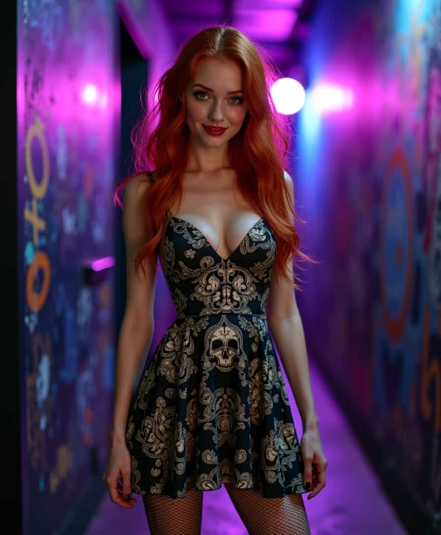 A striking photograph of a 25-year-old Irish redhead wearing a skater dress. The dress is a deep, midnight black, intricately patterned with a bold graphic print featuring gothic motifs like skulls, roses, and baroque filigree. The bodice of the dress is snug, accentuating her round, perfectly symmetrical breasts and creating an abundance of cleavage that exudes raw sensuality. The skirt flares out dramatically, ending just above mid-thigh, revealing her long, toned legs clad in fishnet stockings. Her hair is a fiery cascade of loose, voluminous waves, contrasting sharply with her alabaster skin and framing her freckled face. Her makeup is dark and sultry, with smoky eyes and deep red lips, adding to her edgy allure. She has a seductive smile, her green eyes glinting with a hint of danger. The setting is a dimly lit alleyway in Dublin, with neon lights casting vibrant hues of purple and blue, creating a moody, almost surreal atmosphere. The background features graffiti-covered walls and a sense of urban grit. The overall mood is dark, edgy, and irresistibly sexy, capturing the essence of rebellious allure.