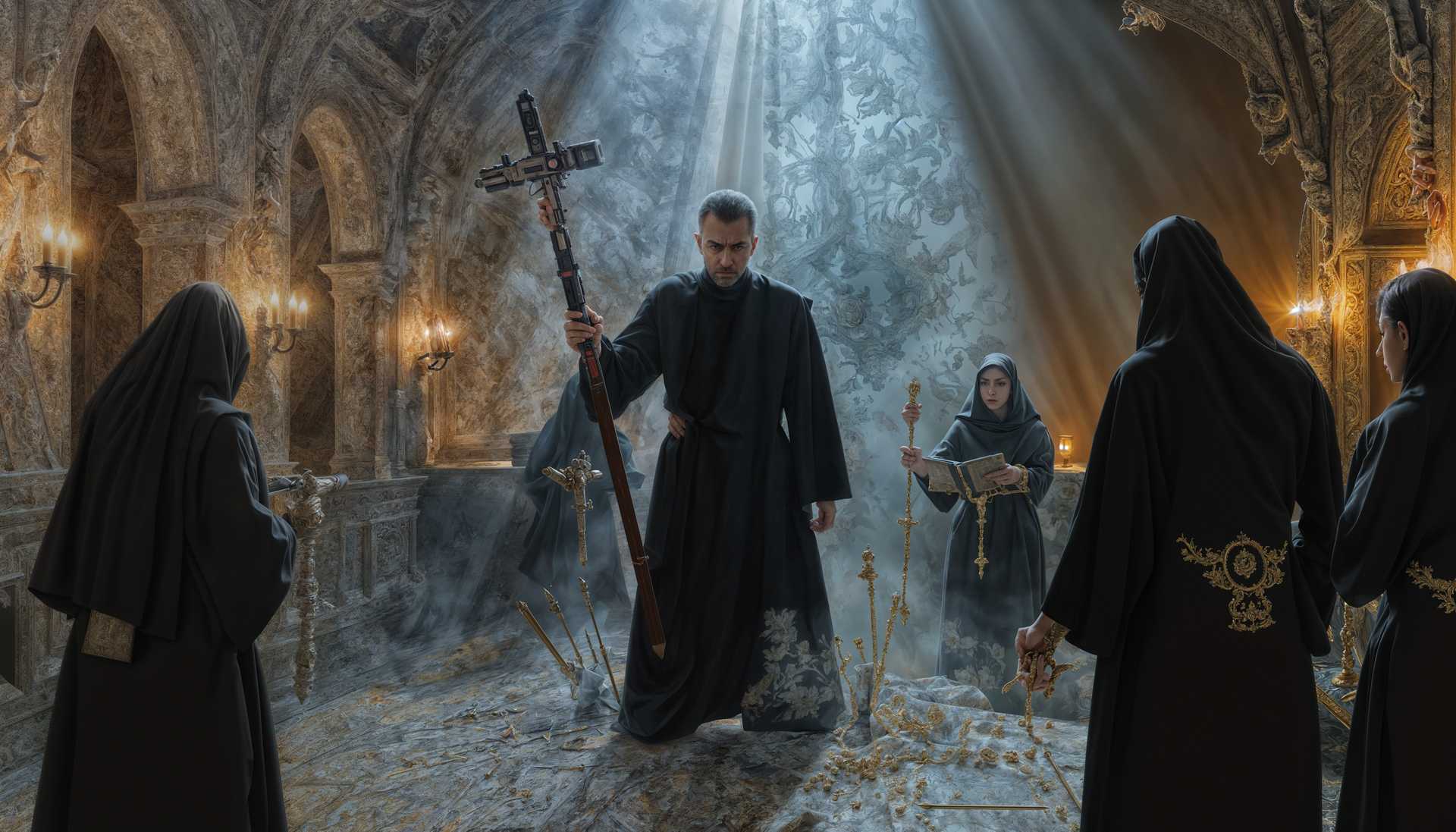 Medieval monks in a sacred ceremony with a gothic cross