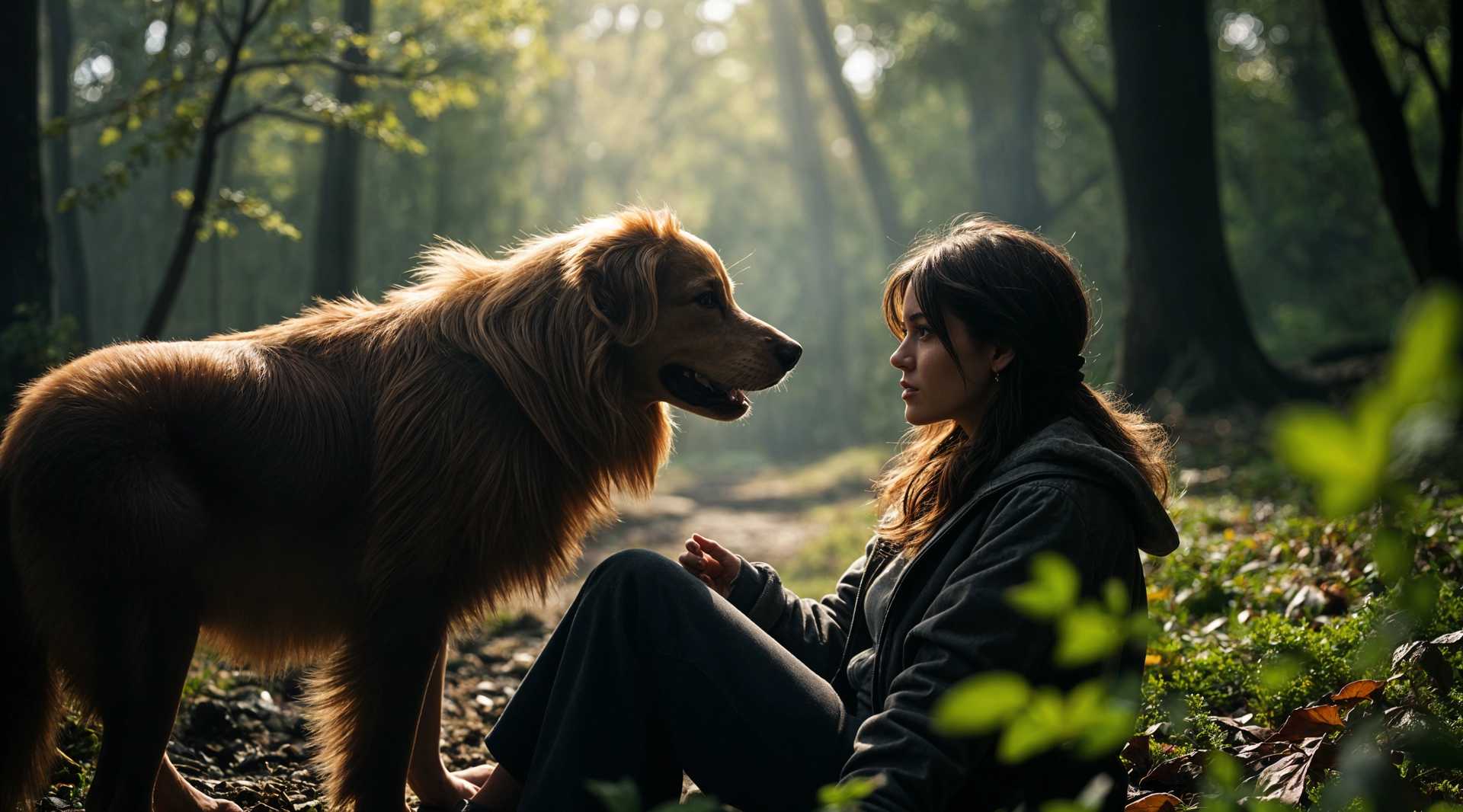 Golden Retriever and Companion Share a Moment of Connection in a Sunlit Forest