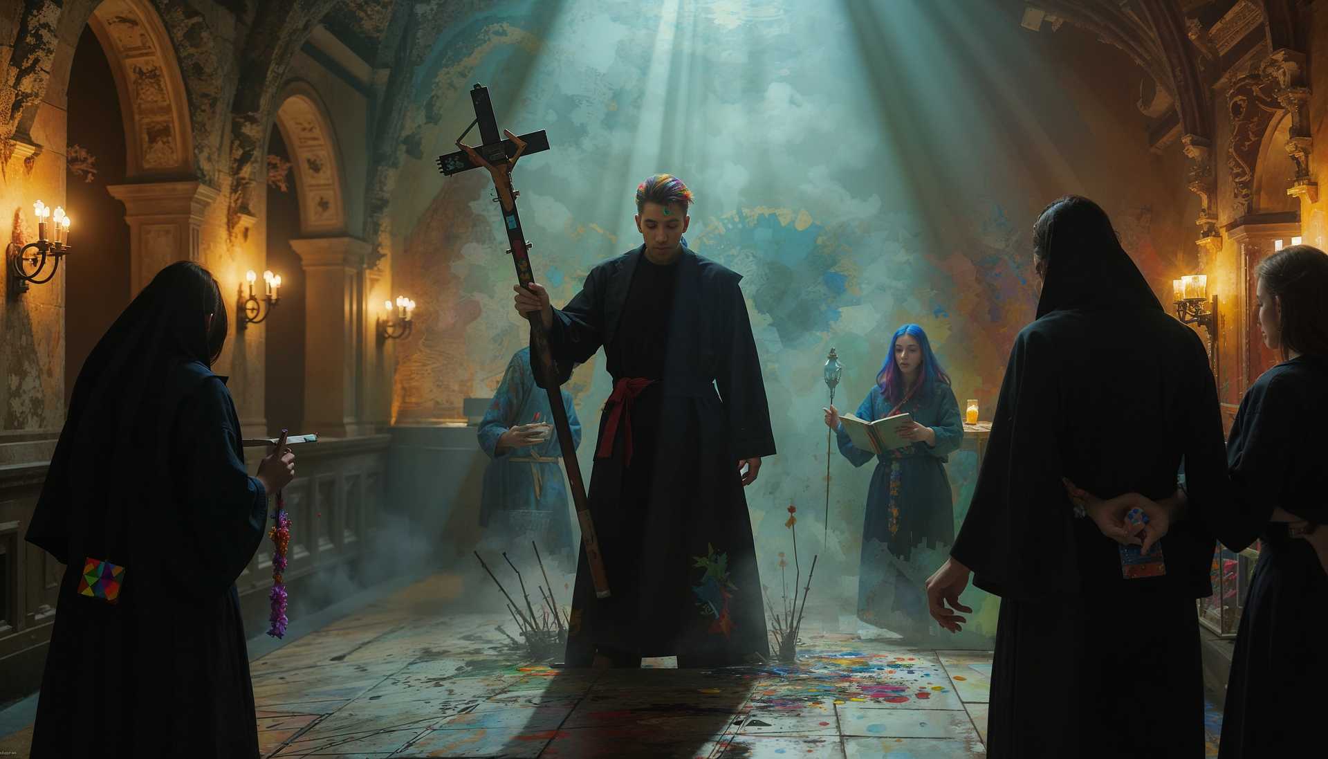 Enigmatic Ceremony in a Mysterious, Colorful Cathedral
