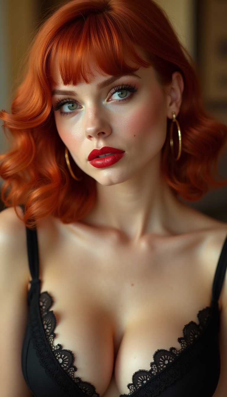 Close-up facial portrait of a sultry, red-haired French femme fatale, age 28, with a tantalizing glimpse of her cleavage, rendered in a retro aesthetic. Her fiery tresses cascade in soft waves, with blunt bangs framing her porcelain face. The hair is styled in a classic 'French Fringe' cut, exuding a sense of effortless chic. Her skin is flawless, with a natural, dewy finish that catches the light perfectly. High cheekbones are accentuated with a subtle blush, and her full lips are painted in a deep, seductive crimson. Her emerald green eyes are lined with a smoky kohl, creating a mesmerizing, cat-eye effect. Long, voluminous lashes add to the intensity of her gaze. A delicate beauty mark above her upper lip adds a touch of vintage glamour. The lighting is soft and diffused, casting a warm, golden glow that highlights the contours of her face and adds depth to her features. The background is a blurred bokeh of warm tones, ensuring all focus remains on her captivating visage. She wears a low-cut, black lace bralette that reveals a generous, enticing cleavage. The bralette's intricate lace pattern adds a touch of sensuality and elegance. A pair of elegant, gold hoop earrings catch the light, adding a touch of sophistication to her look. The image is given a retro look with a slight sepia tone, subtle film grain, and a soft vignette around the edges, evoking the nostalgic charm of vintage photography.