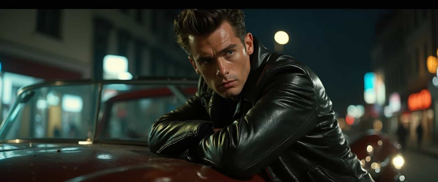 Retro-styled man in leather jacket contemplating by vintage car at night